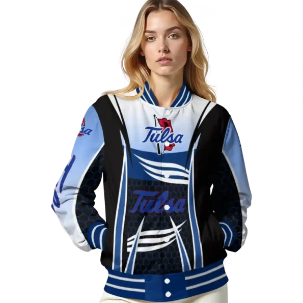 custom tulsa golden hurricane mesh effect blue black varsity jacket latest model.webp