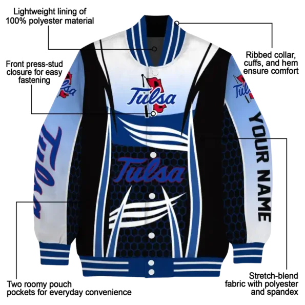 custom tulsa golden hurricane mesh effect blue black varsity jacket new arrival.webp