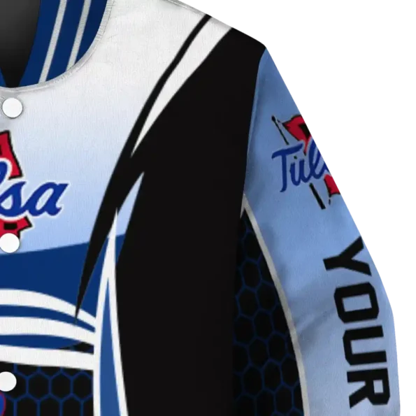 custom tulsa golden hurricane mesh effect blue black varsity jacket premium grade.webp