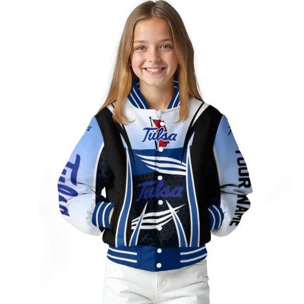 custom tulsa golden hurricane mesh effect blue black varsity jacket top rated.webp