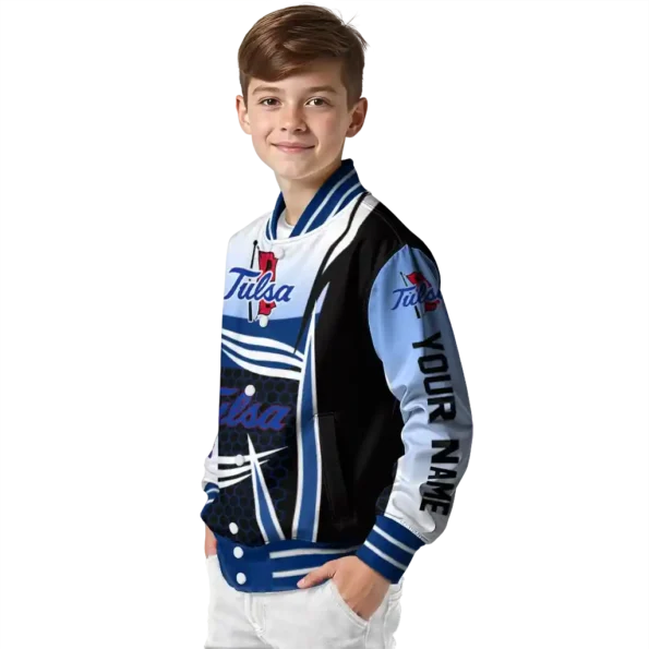 custom tulsa golden hurricane mesh effect blue black varsity jacket trendy.webp