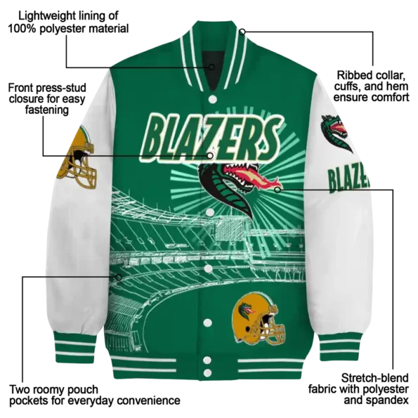 custom uab blazers ferris arena green white varsity jacket new arrival.webp