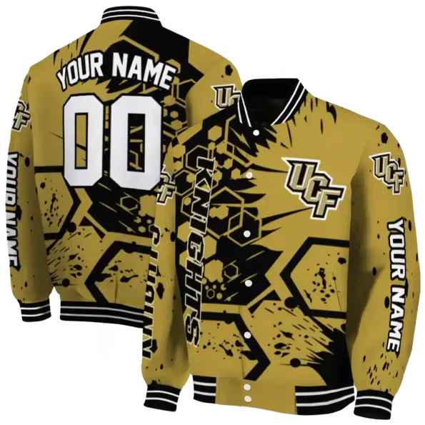 custom ucf knights hexagon cluster gold black varsity jacket fashion forward.webp