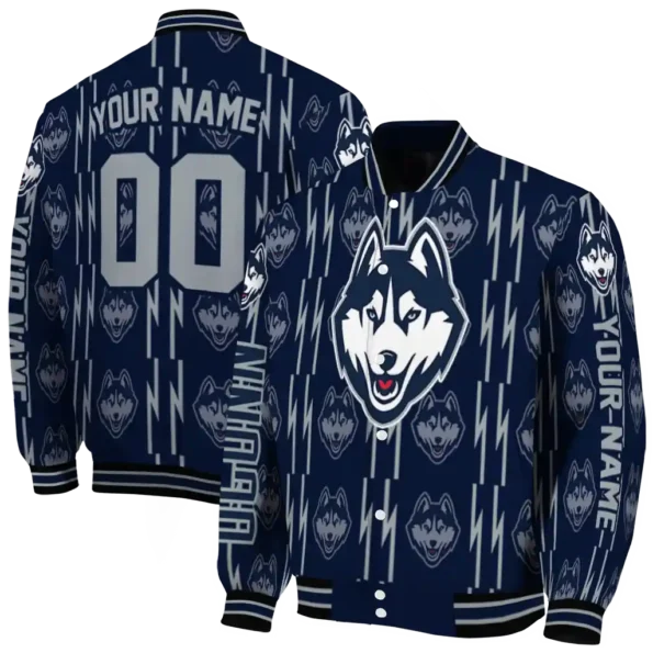 custom uconn huskies bolt stripe blue varsity jacket fashion forward.webp