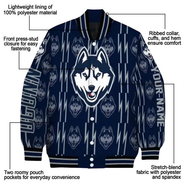 custom uconn huskies bolt stripe blue varsity jacket new arrival.webp