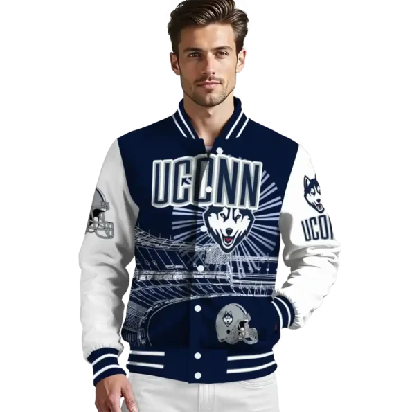 custom uconn huskies ferris arena blue white varsity jacket high quality.webp