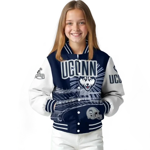 custom uconn huskies ferris arena blue white varsity jacket top rated.webp
