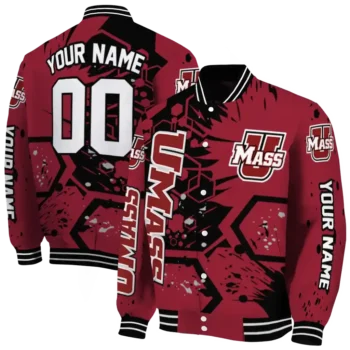 custom umass minutemen hexagon cluster red black varsity jacket fashion forward.webp
