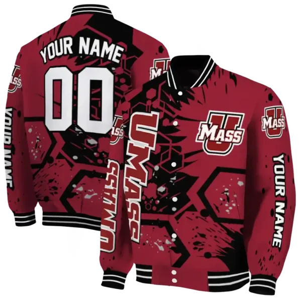 custom umass minutemen hexagon cluster red black varsity jacket fashion forward.webp