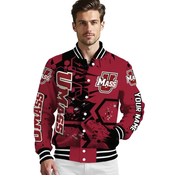 custom umass minutemen hexagon cluster red black varsity jacket high quality.webp