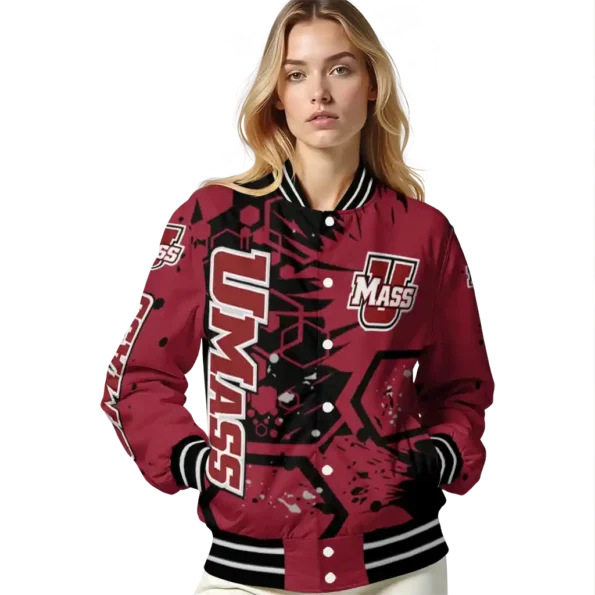 custom umass minutemen hexagon cluster red black varsity jacket latest model.webp