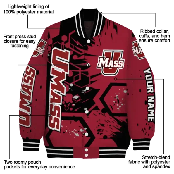 custom umass minutemen hexagon cluster red black varsity jacket new arrival.webp