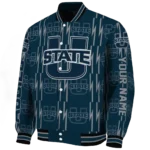 custom utah state aggies bolt stripe navy varsity jacket best selling.webp