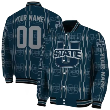 custom utah state aggies bolt stripe navy varsity jacket fashion forward.webp