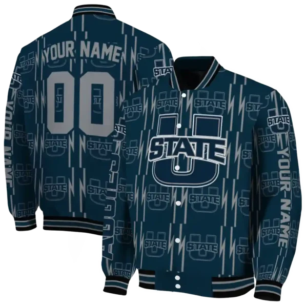 custom utah state aggies bolt stripe navy varsity jacket fashion forward.webp