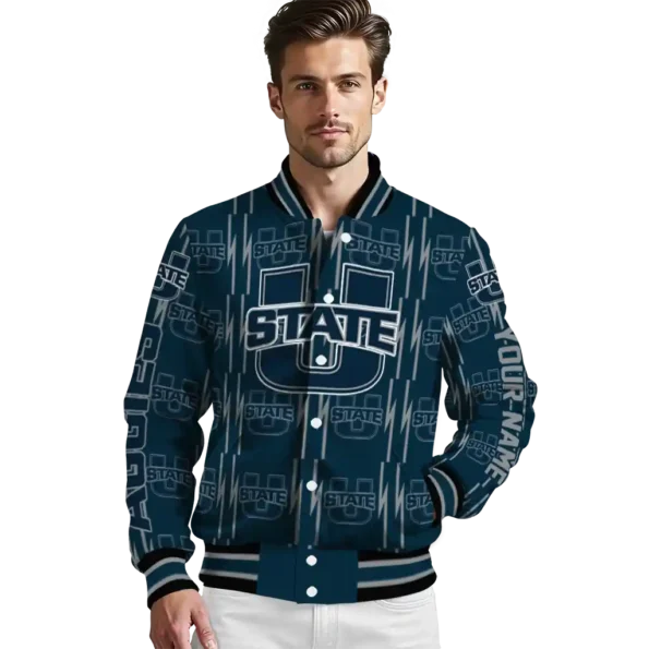 custom utah state aggies bolt stripe navy varsity jacket high quality.webp