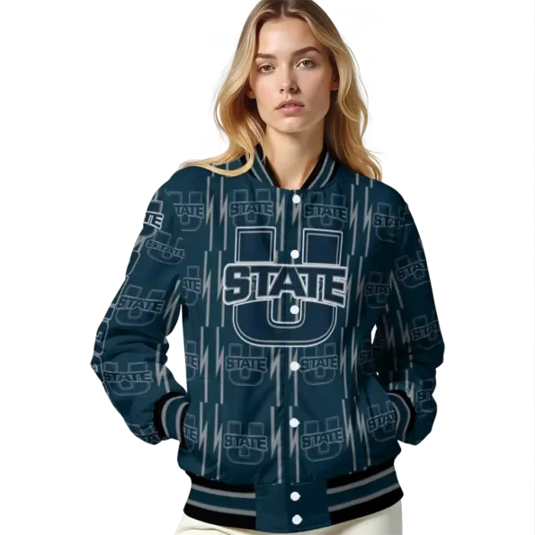 custom utah state aggies bolt stripe navy varsity jacket latest model.webp