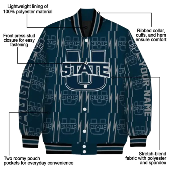 custom utah state aggies bolt stripe navy varsity jacket new arrival.webp