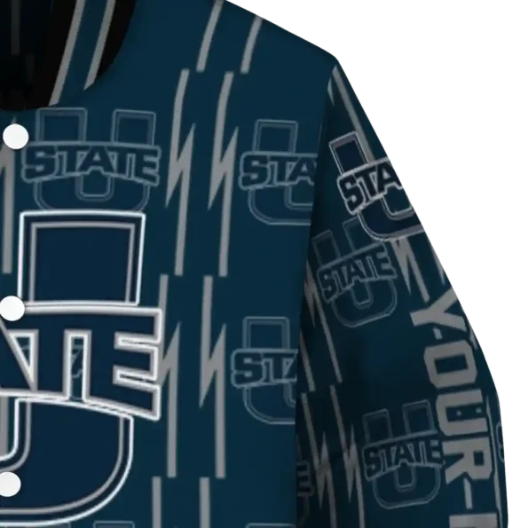 custom utah state aggies bolt stripe navy varsity jacket premium grade.webp
