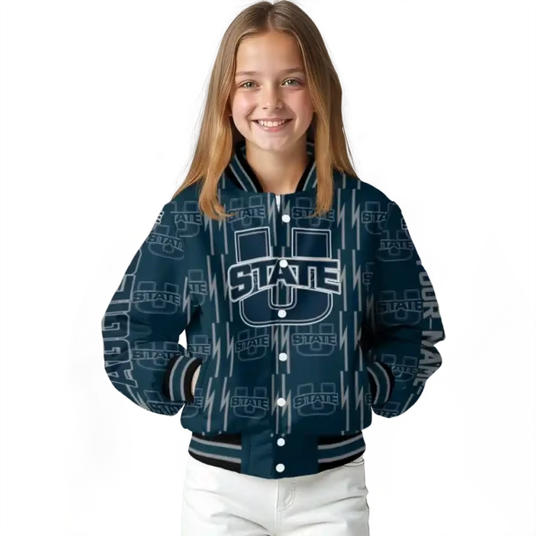 custom utah state aggies bolt stripe navy varsity jacket top rated.webp