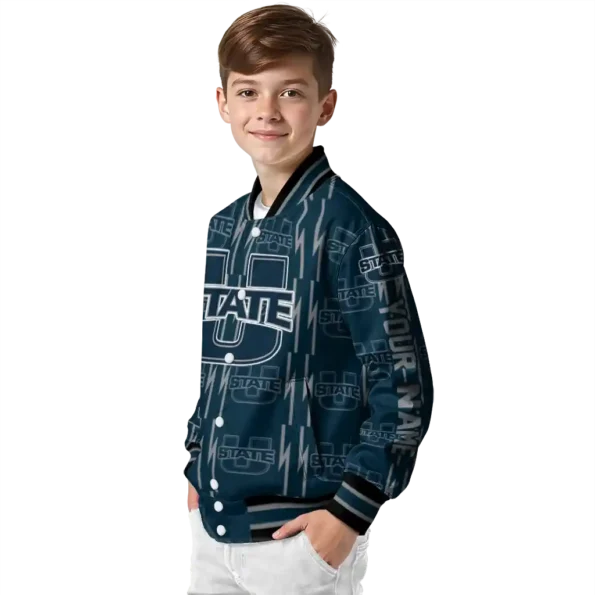 custom utah state aggies bolt stripe navy varsity jacket trendy.webp