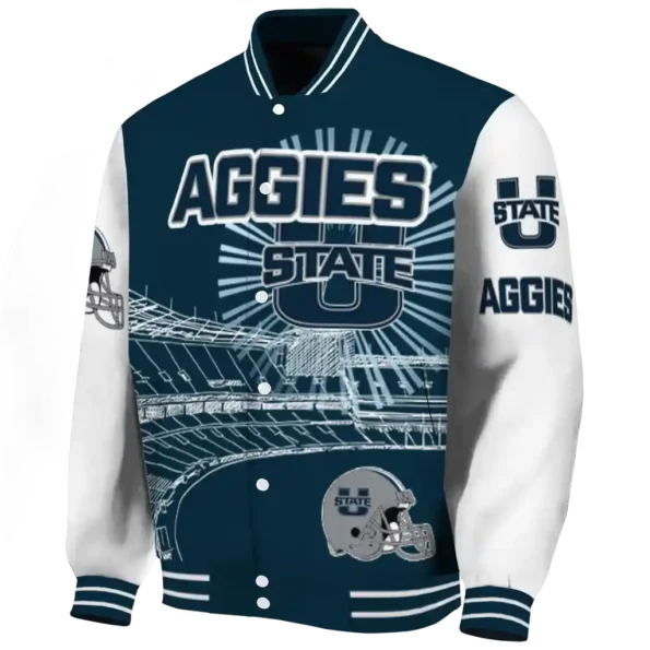 custom utah state aggies ferris arena navy white varsity jacket best selling.webp