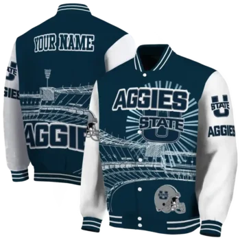 custom utah state aggies ferris arena navy white varsity jacket fashion forward.webp