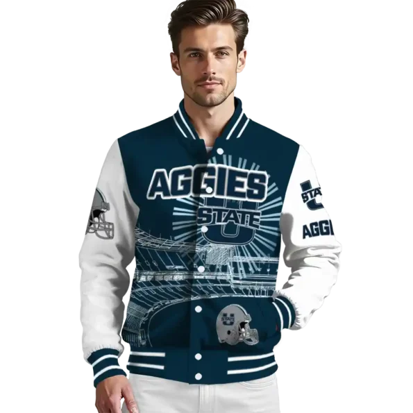 custom utah state aggies ferris arena navy white varsity jacket high quality.webp