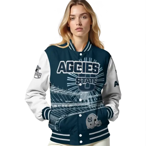 custom utah state aggies ferris arena navy white varsity jacket latest model.webp