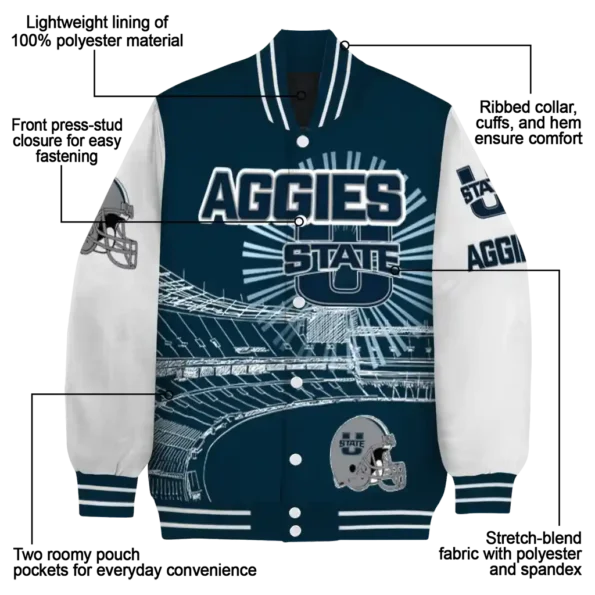 custom utah state aggies ferris arena navy white varsity jacket new arrival.webp