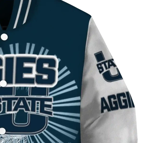 custom utah state aggies ferris arena navy white varsity jacket premium grade.webp