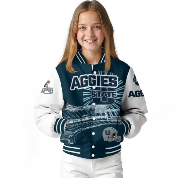 custom utah state aggies ferris arena navy white varsity jacket top rated.webp