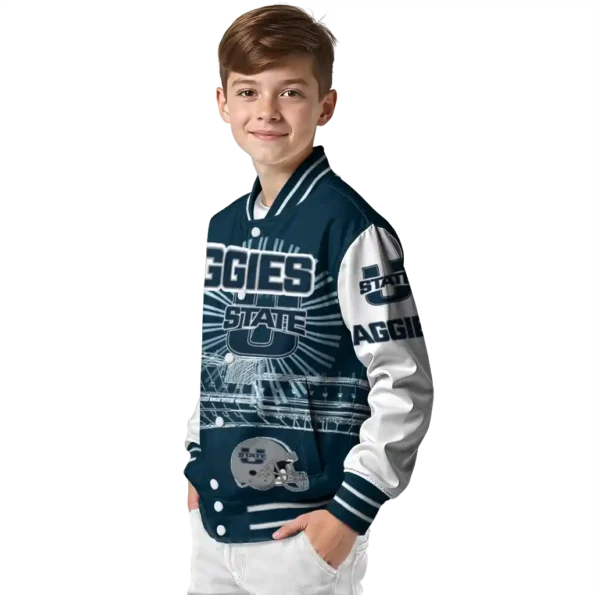custom utah state aggies ferris arena navy white varsity jacket trendy.webp