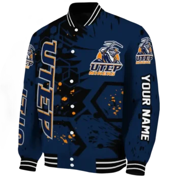 custom utep miners hexagon cluster blue black varsity jacket best selling.webp