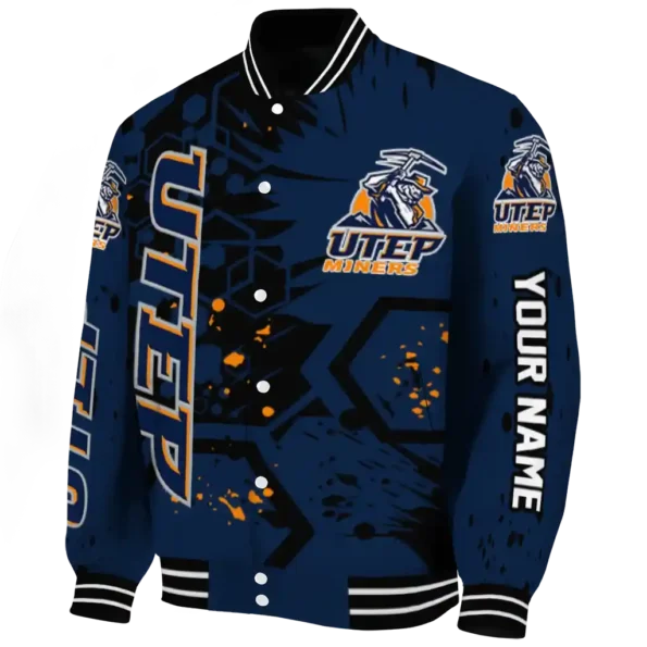custom utep miners hexagon cluster blue black varsity jacket best selling.webp