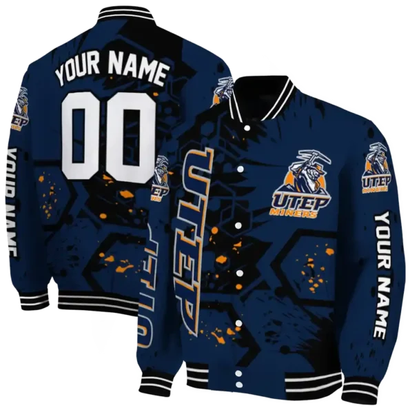 custom utep miners hexagon cluster blue black varsity jacket fashion forward.webp