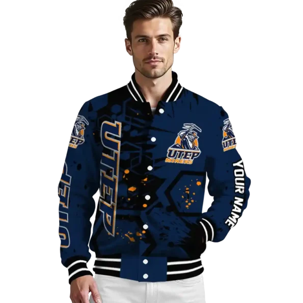 custom utep miners hexagon cluster blue black varsity jacket high quality.webp