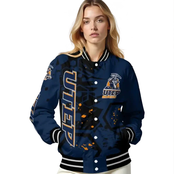 custom utep miners hexagon cluster blue black varsity jacket latest model.webp