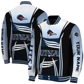 custom utsa roadrunners mesh effect orange black varsity jacket fashion forward.webp