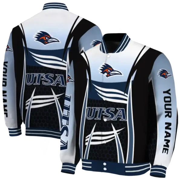 custom utsa roadrunners mesh effect orange black varsity jacket fashion forward.webp