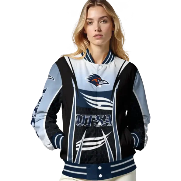 custom utsa roadrunners mesh effect orange black varsity jacket latest model.webp