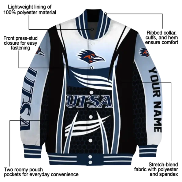 custom utsa roadrunners mesh effect orange black varsity jacket new arrival.webp