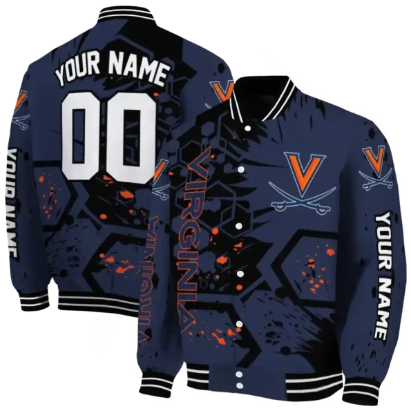 custom virginia cavaliers hexagon cluster blue black varsity jacket fashion forward.webp