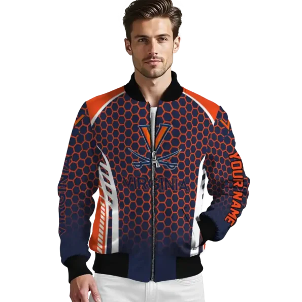 custom virginia cavaliers hexagon grid blue bomber jacket high quality