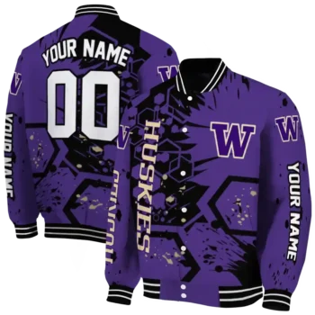 custom washington huskies hexagon cluster purple black varsity jacket fashion forward.webp