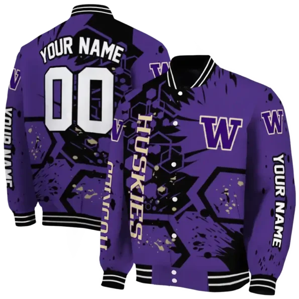 custom washington huskies hexagon cluster purple black varsity jacket fashion forward.webp