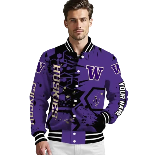 custom washington huskies hexagon cluster purple black varsity jacket high quality.webp
