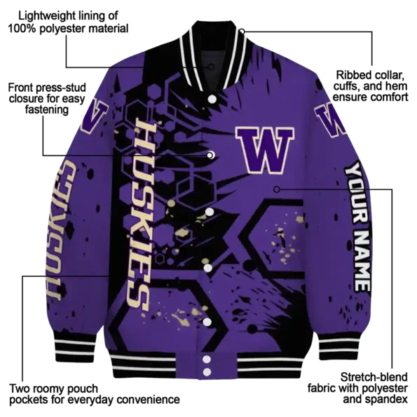 custom washington huskies hexagon cluster purple black varsity jacket new arrival.webp