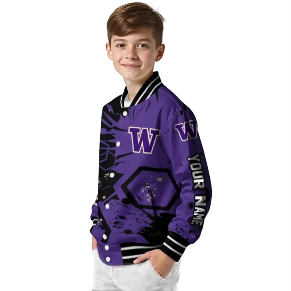 custom washington huskies hexagon cluster purple black varsity jacket trendy.webp