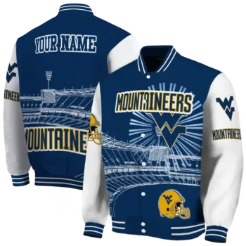 custom west virginia mountaineers ferris arena blue white varsity jacket fashion forward.webp